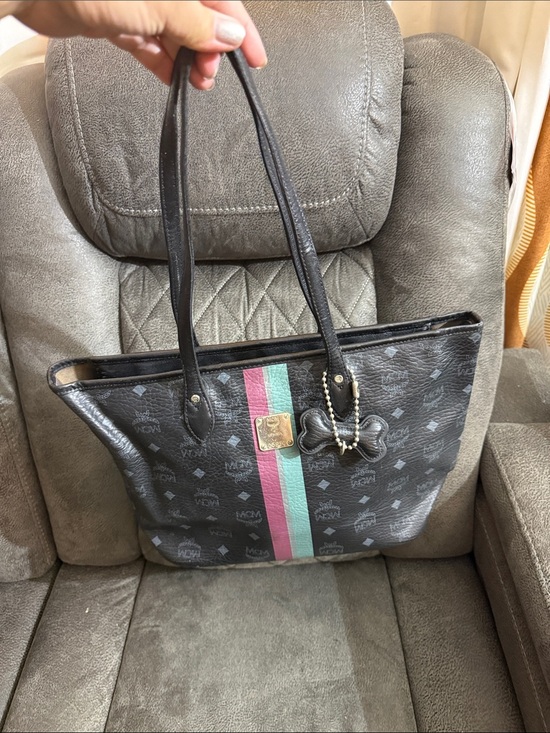 MCM Handbags - MCM Black Canvas Tote with Pink and Mint Center Stripes